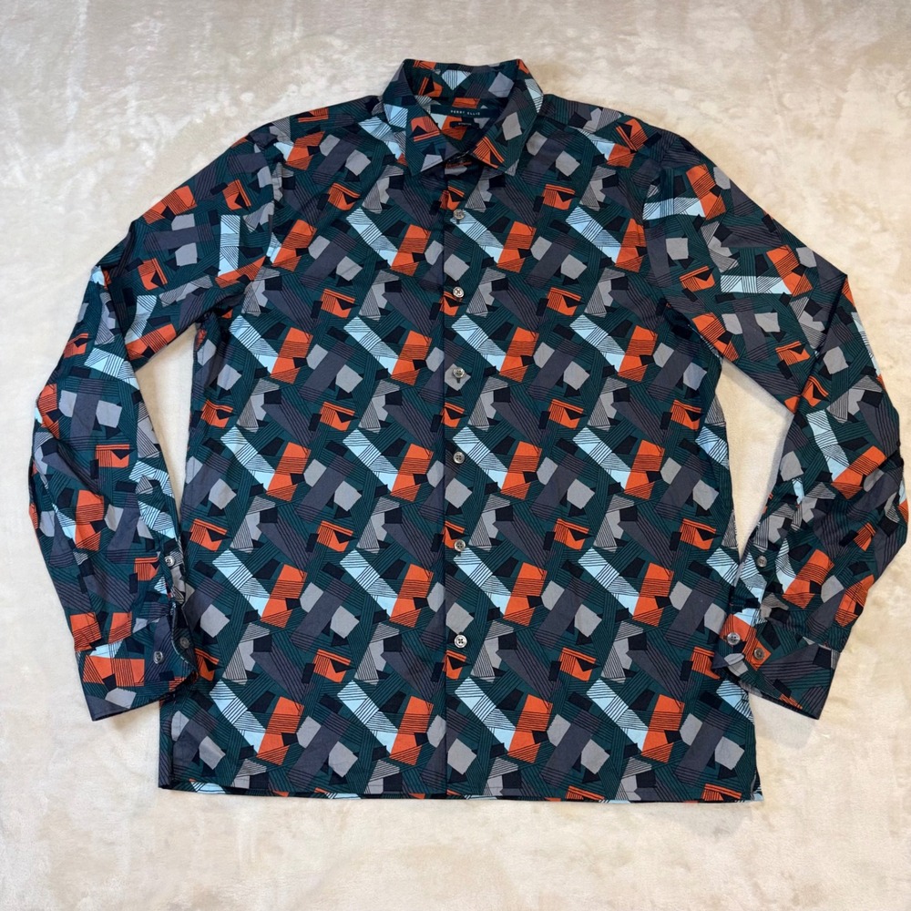 Perry Ellis Mens Geometric Abstract Print Stretch Button Down Shirt Orange M